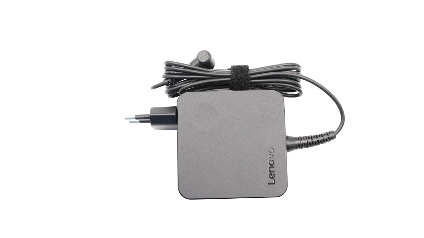 Lenovo-branded 65W laptop AC adapter showing plug tip and neatly wrapped cable