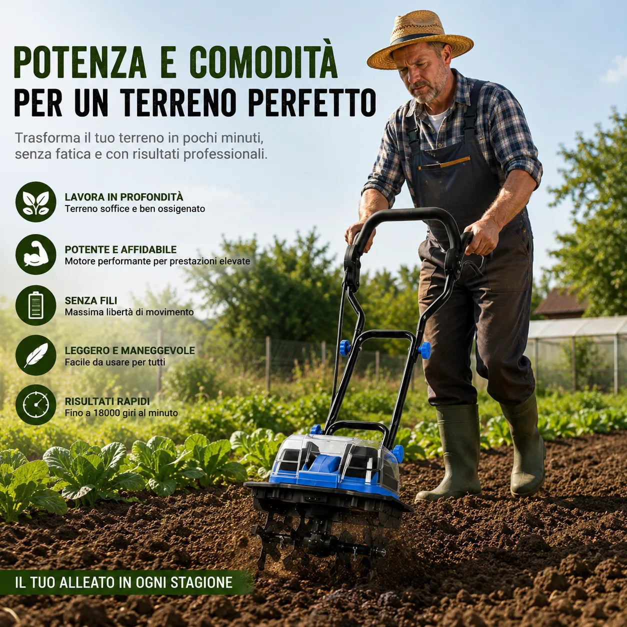 Mukins NL-3579 88VF 550W Battery-Powered Electric Tiller with 2 Lithium Batteries, Cordless Garden Cultivator, Working Width 30 cm, Depth 20 cm, Adjustable Handlebar, 18,000 rpm