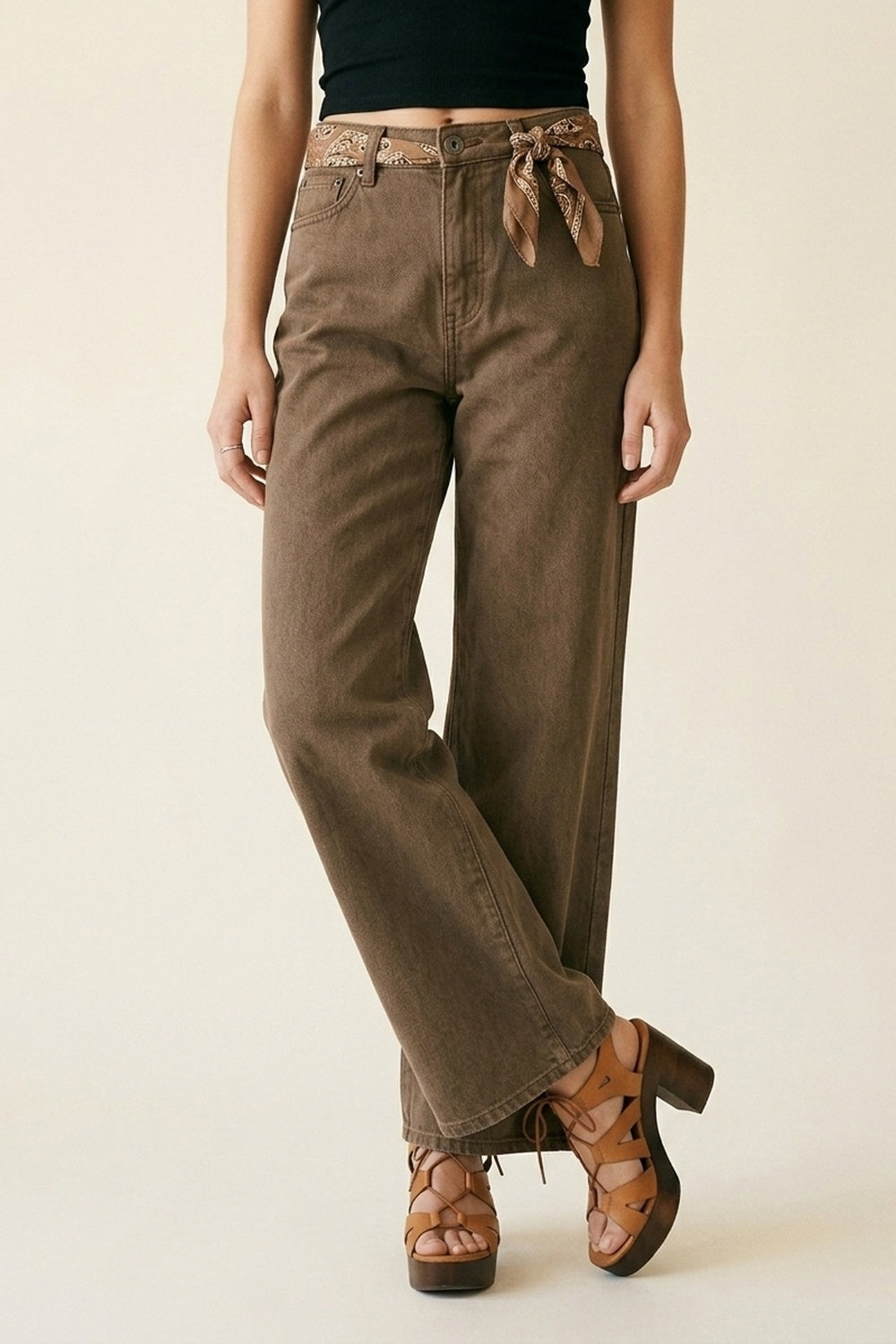 Pantalones de Mezclilla de Algodón Marrones de Pierna Ancha Casual