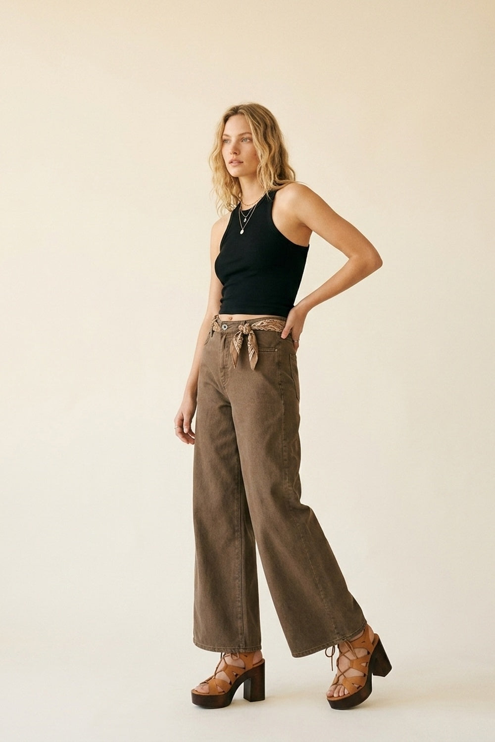 Pantalones de Mezclilla de Algodón Marrones de Pierna Ancha Casual