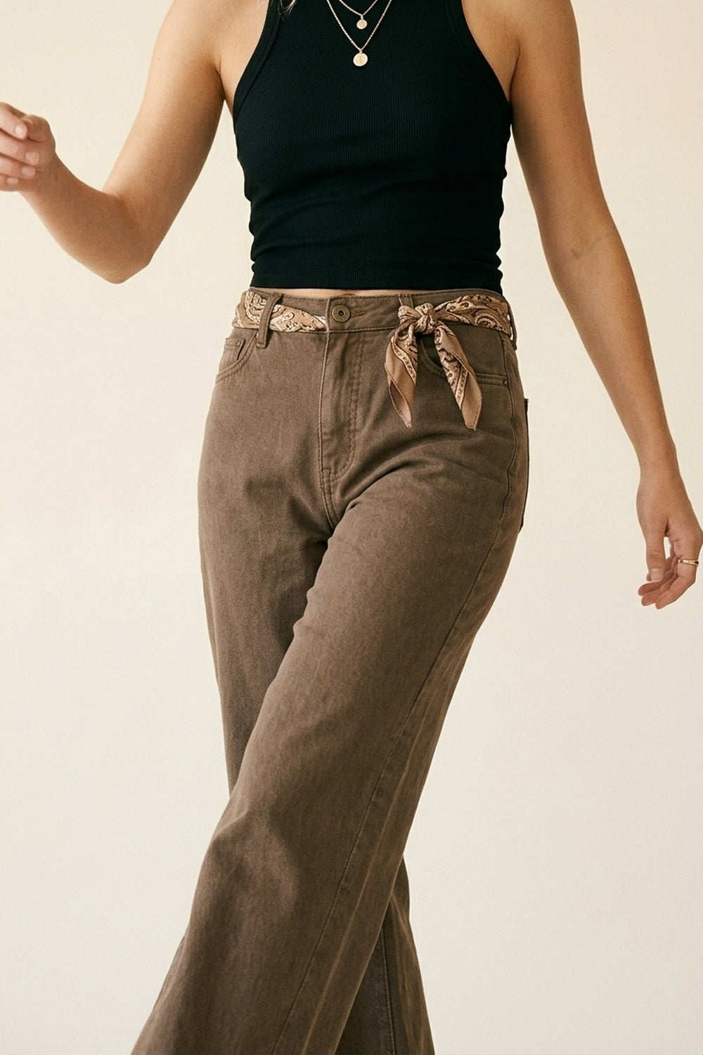 Pantalones de Mezclilla de Algodón Marrones de Pierna Ancha Casual