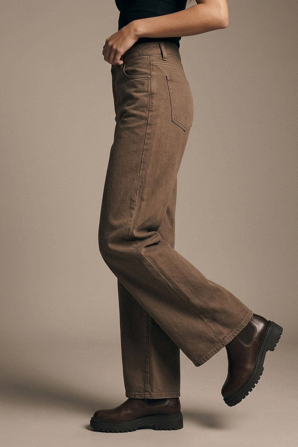 Pantalones de Mezclilla de Algodón Marrones de Pierna Ancha Casual