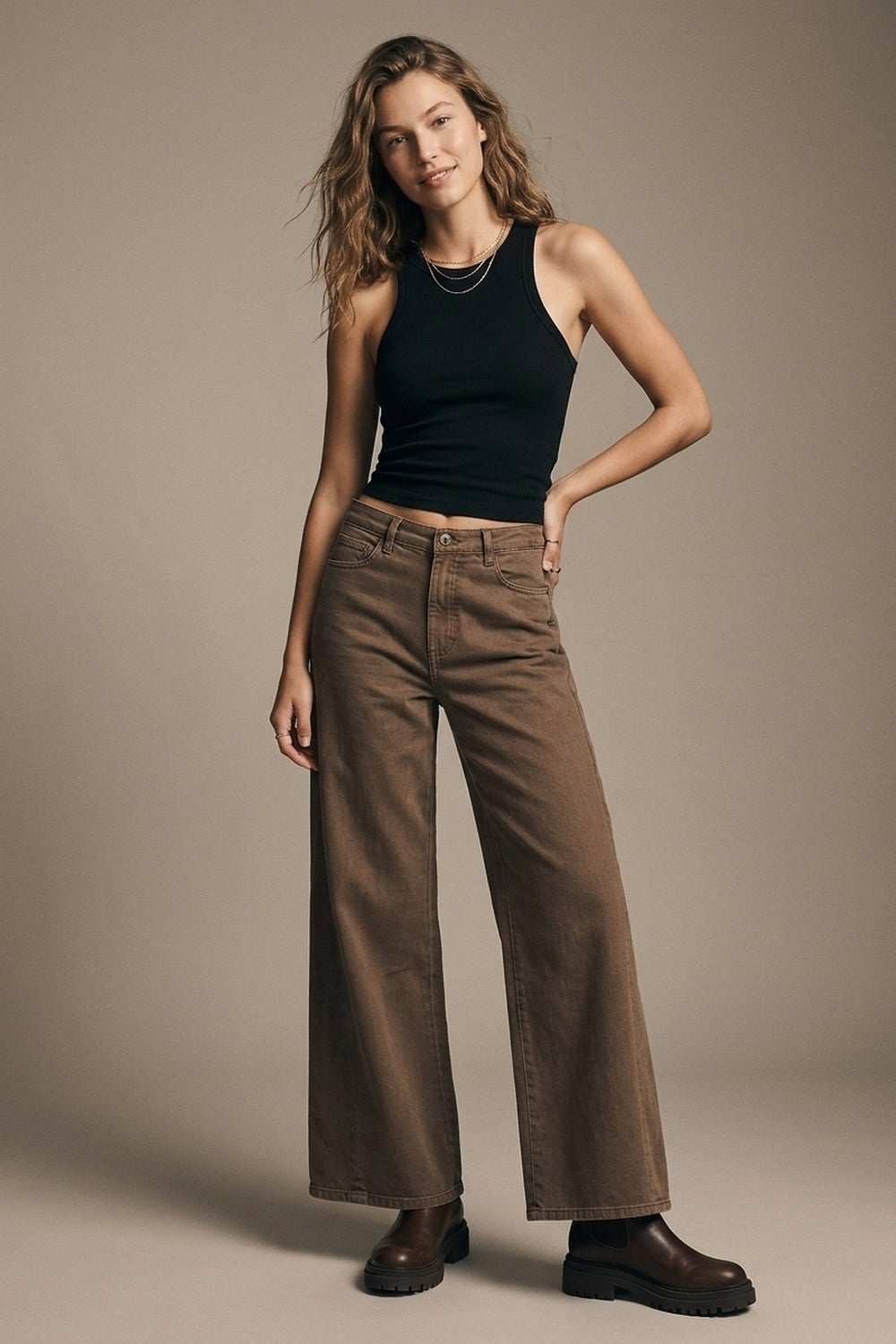 Pantalones de Mezclilla de Algodón Marrones de Pierna Ancha Casual