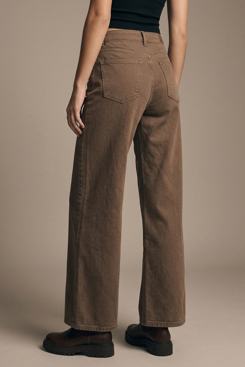 Pantalones de Mezclilla de Algodón Marrones de Pierna Ancha Casual