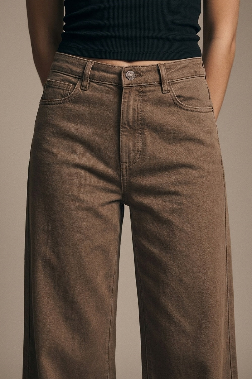 Pantalones de Mezclilla de Algodón Marrones de Pierna Ancha Casual