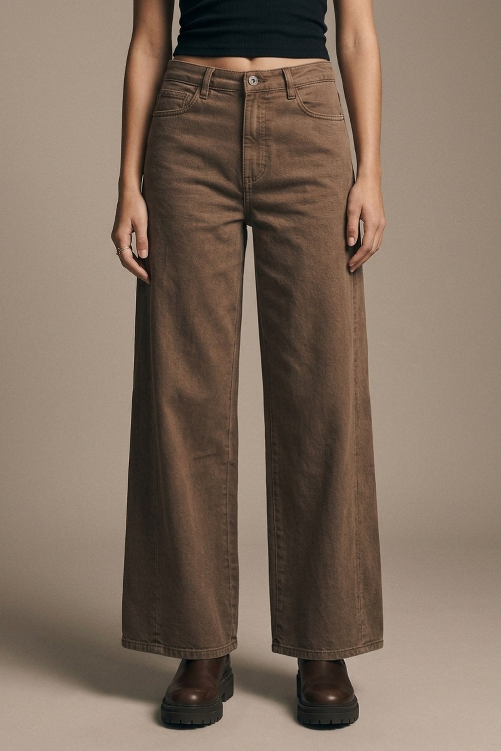Pantalones de Mezclilla de Algodón Marrones de Pierna Ancha Casual