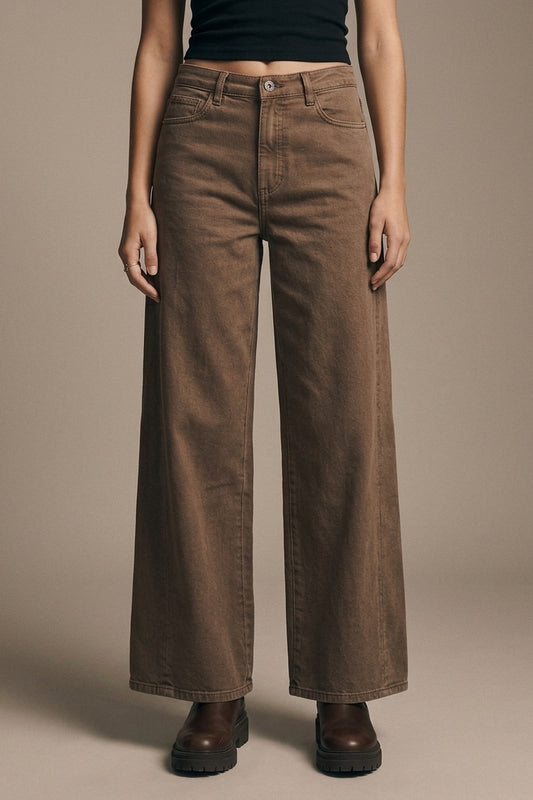 Pantalones de Mezclilla de Algodón Marrones de Pierna Ancha Casual