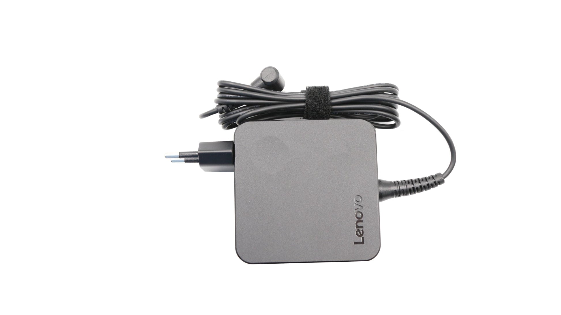 Lenovo-branded 65W laptop AC adapter showing plug tip and neatly wrapped cable