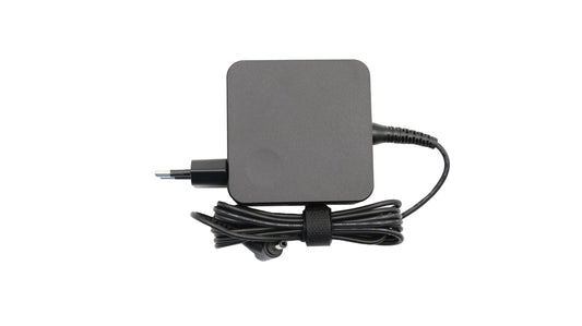 Lenovo 65W laptop AC adapter with attached power cord coiled and secured by Velcro